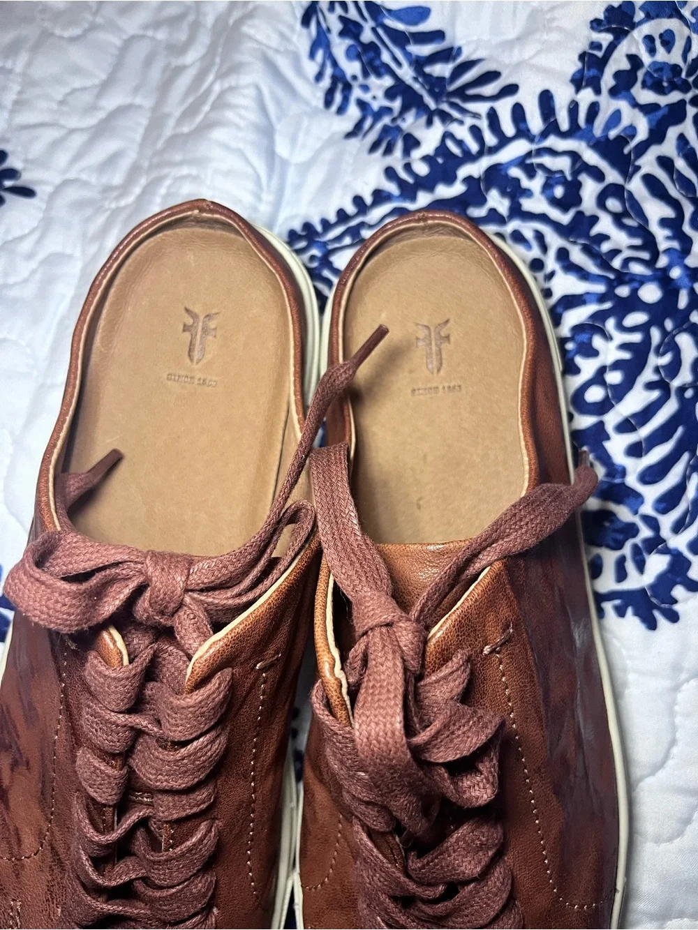 Frye Women's Ivy Low Lace Mules in cognac
